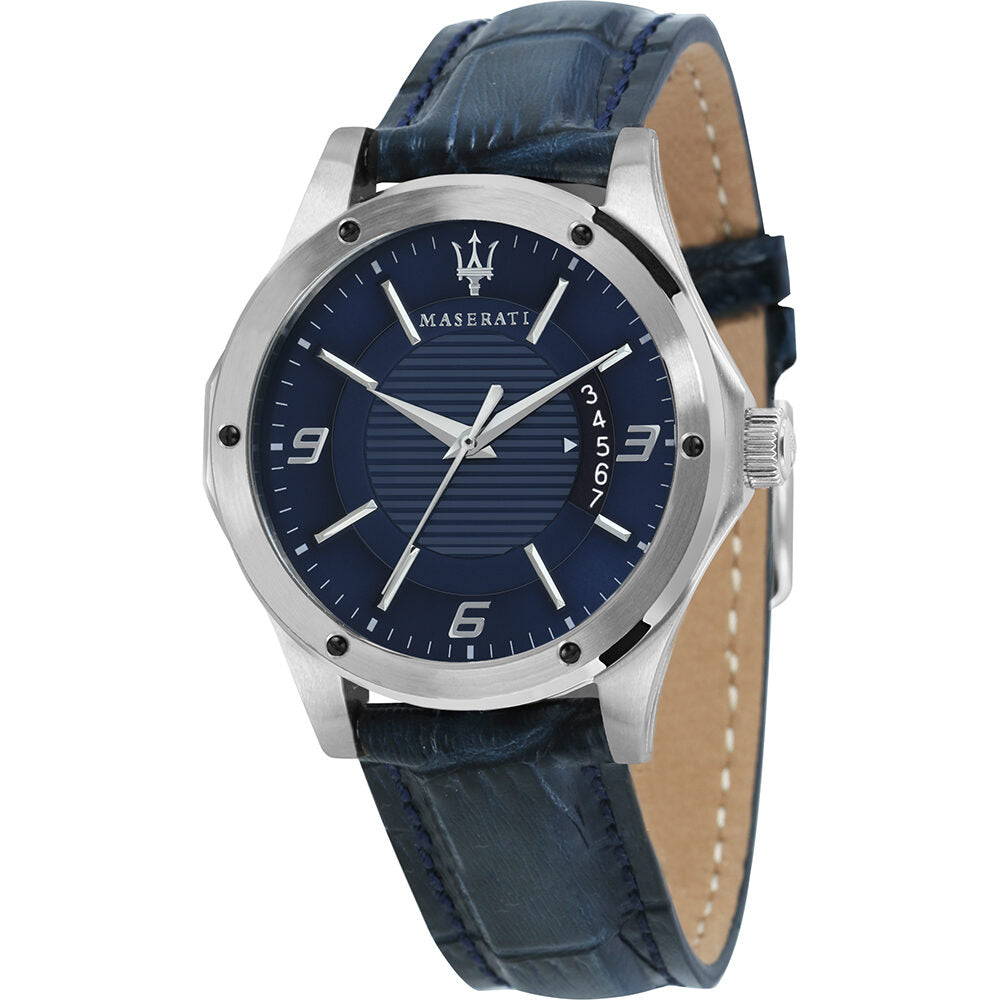 Maserati Circuito men's watch with blue dial, white hands, stainless steel case and navy leather strap
