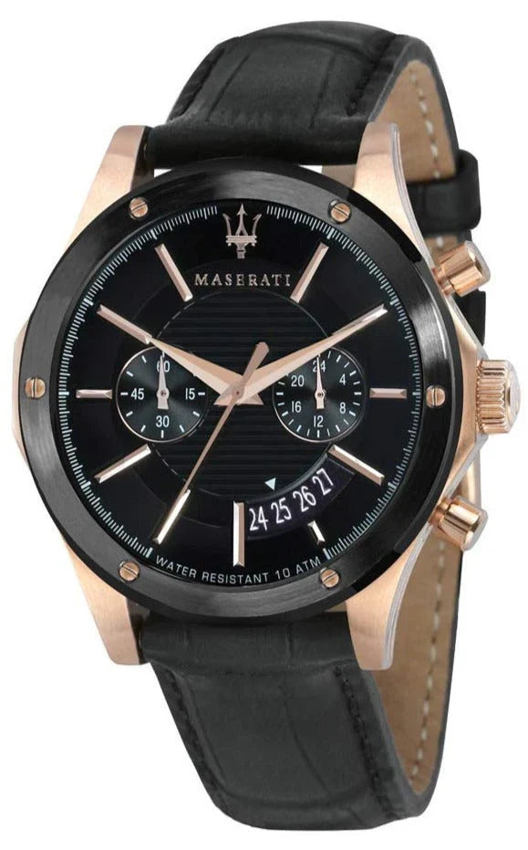 Maserati Circuito men's watch with black dial, rose gold case, chronograph subdials, and black leather strap