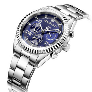 Maserati Competizione watch angled view showing stainless steel bracelet and case