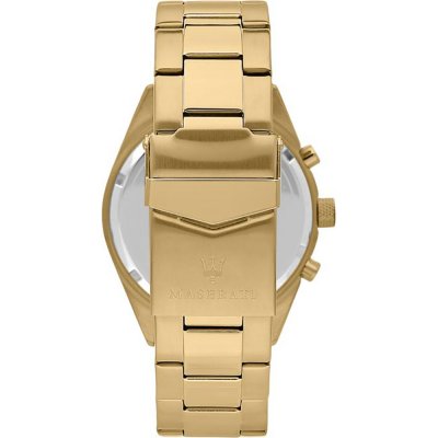 Caseback of Maserati Competizione watch showing transparent exhibition back and gold PVD bracelet