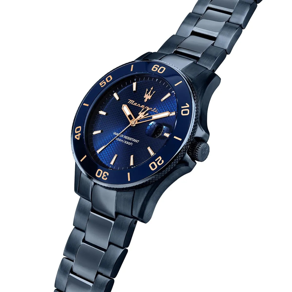 Maserati Competizione watch side view showing blue steel bracelet and case