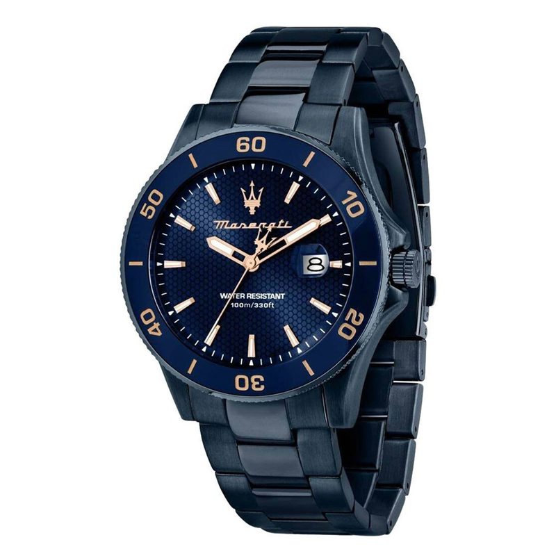 Maserati Competizione men's watch with blue dial, steel bracelet, gold accents