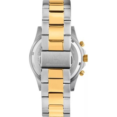 Caseback view of Maserati Competizione chronograph with two-tone bracelet