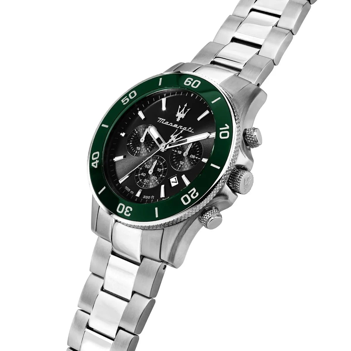 Maserati Competizione watch at angle showing green bezel and stainless steel three-link bracelet