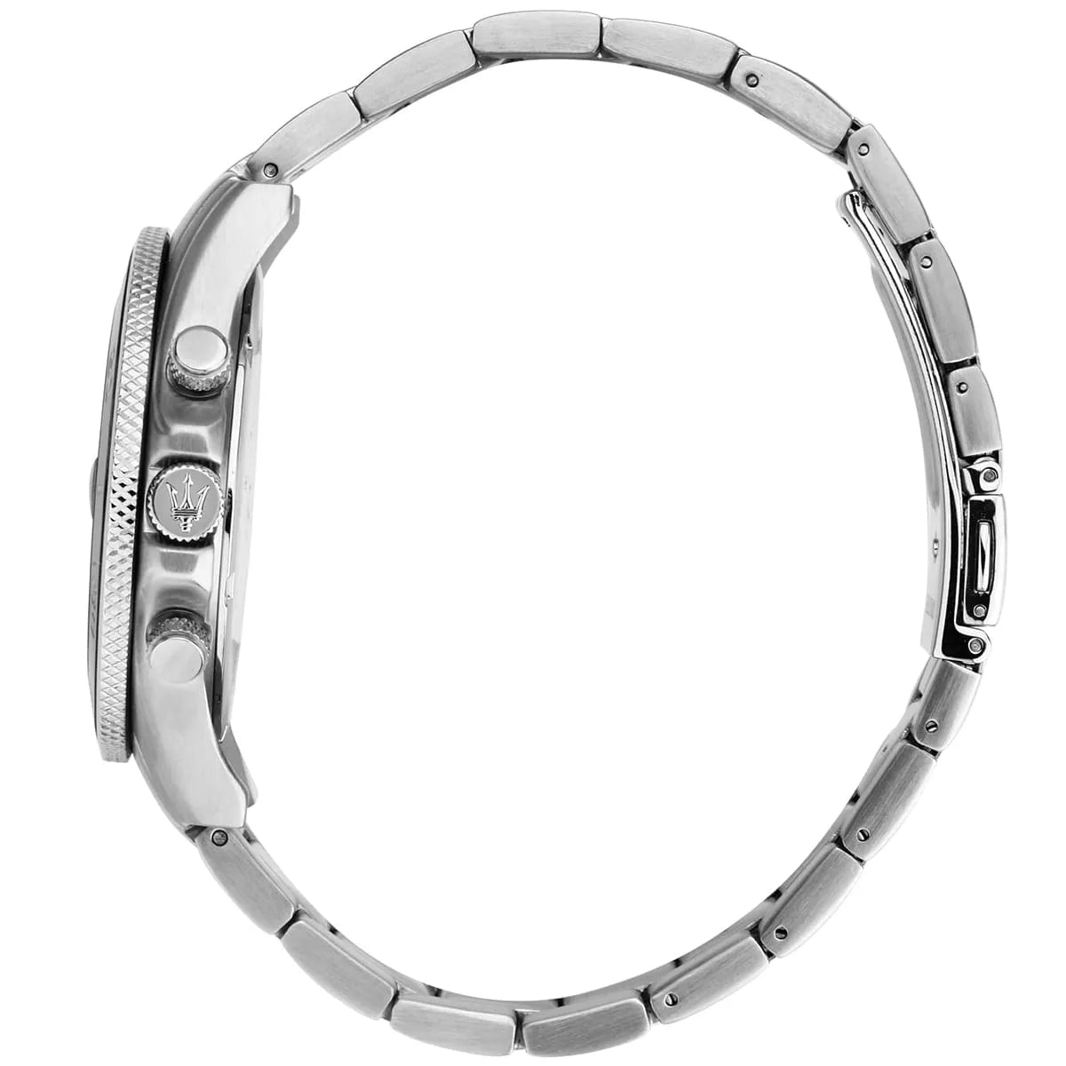 Side profile of Maserati Competizione chronograph watch showing case thickness and bracelet links