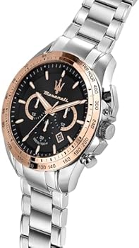Side angle view of Maserati Competizione chronograph watch showing rose gold accents and two-tone bracelet