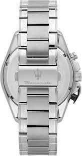 Rear view of Maserati Competizione watch showing case back and two-tone stainless steel bracelet