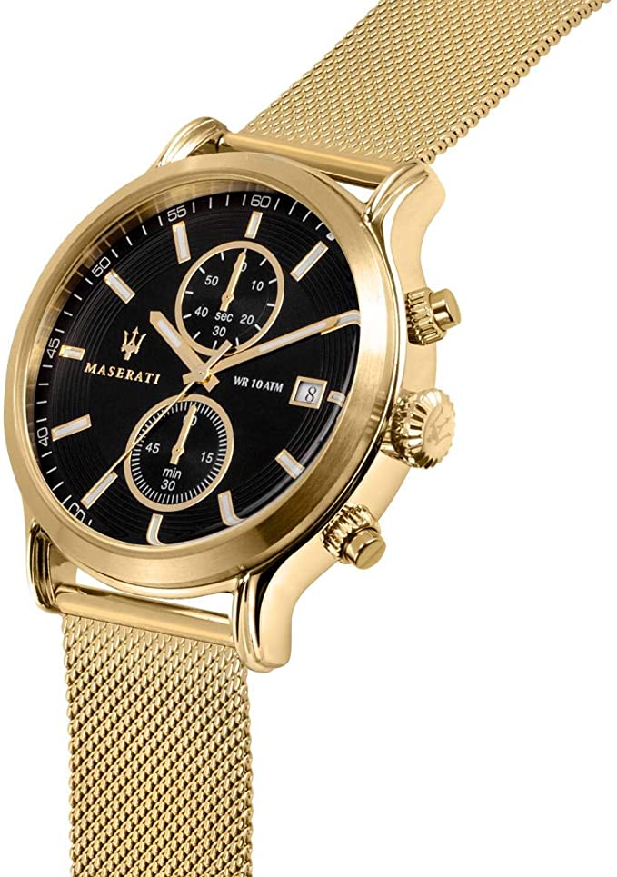 Maserati Epoca 42mm gold chronograph watch side angle view with mesh strap