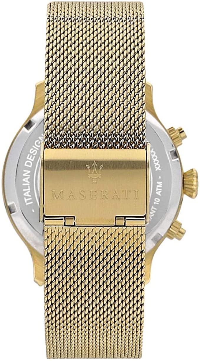 Maserati Epoca 42mm watch caseback with gold case and mesh strap