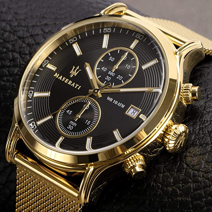 Maserati Epoca 42mm chronograph dial detail with black face and subdials