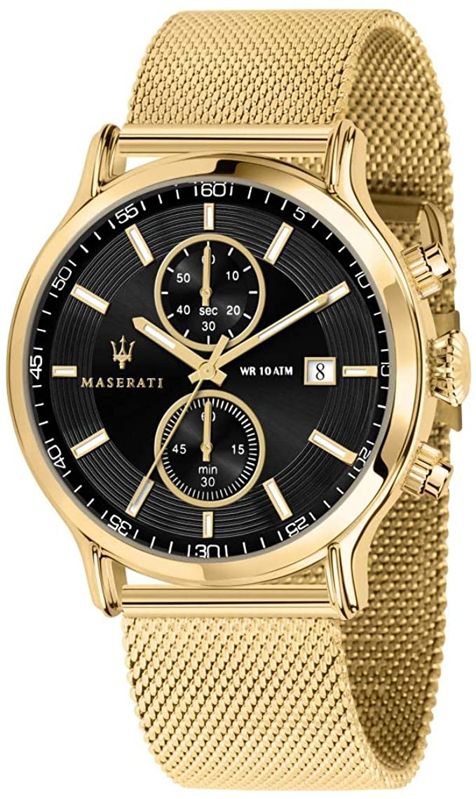Maserati Epoca 42mm gold chronograph watch with black dial and gold mesh strap