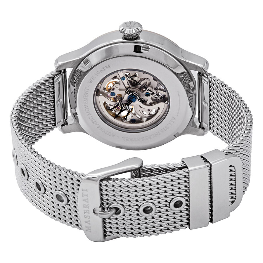 Maserati Epoca caseback showing skeleton automatic movement through crystal
