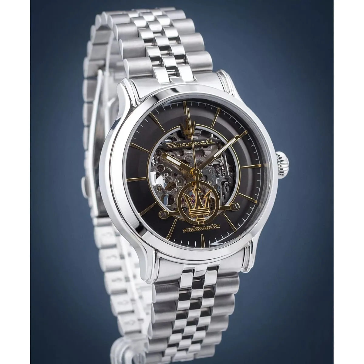 Maserati Epoca automatic skeleton men's watch angled view on gray background