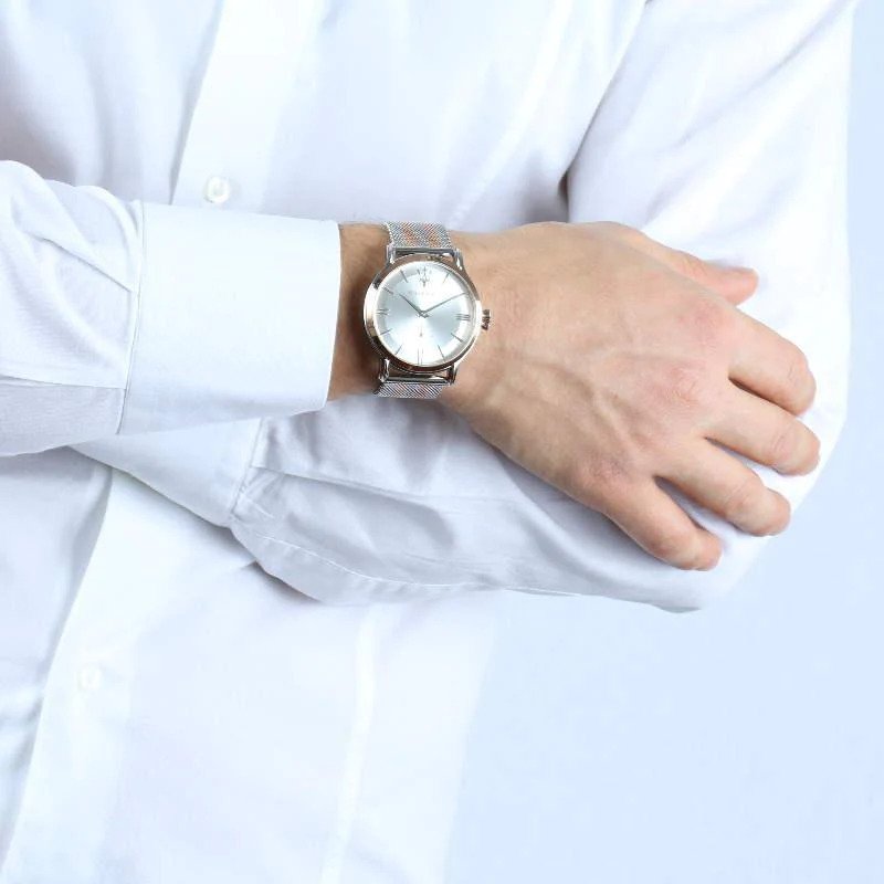 Maserati Epoca men's watch worn on wrist with two-tone mesh band