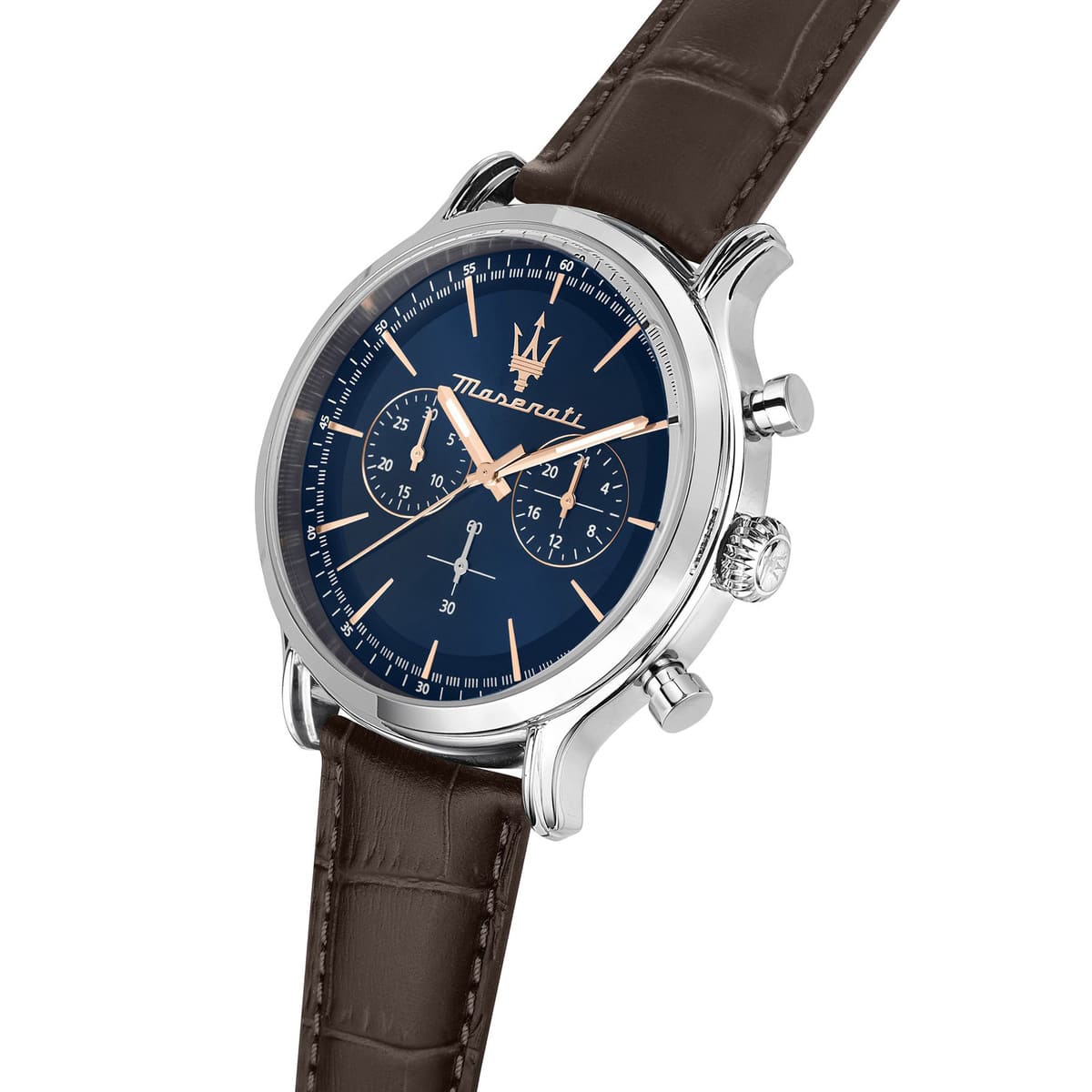 Maserati Epoca watch at angle showing blue dial, chronograph pushers, and brown crocodile leather strap