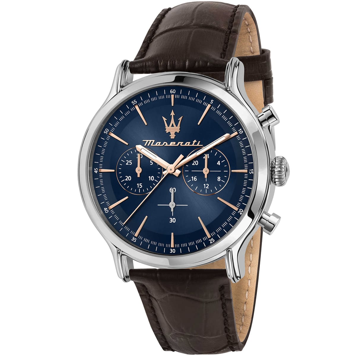 Maserati Epoca chronograph watch featuring blue sunburst dial with rose gold hands and chronograph subdials