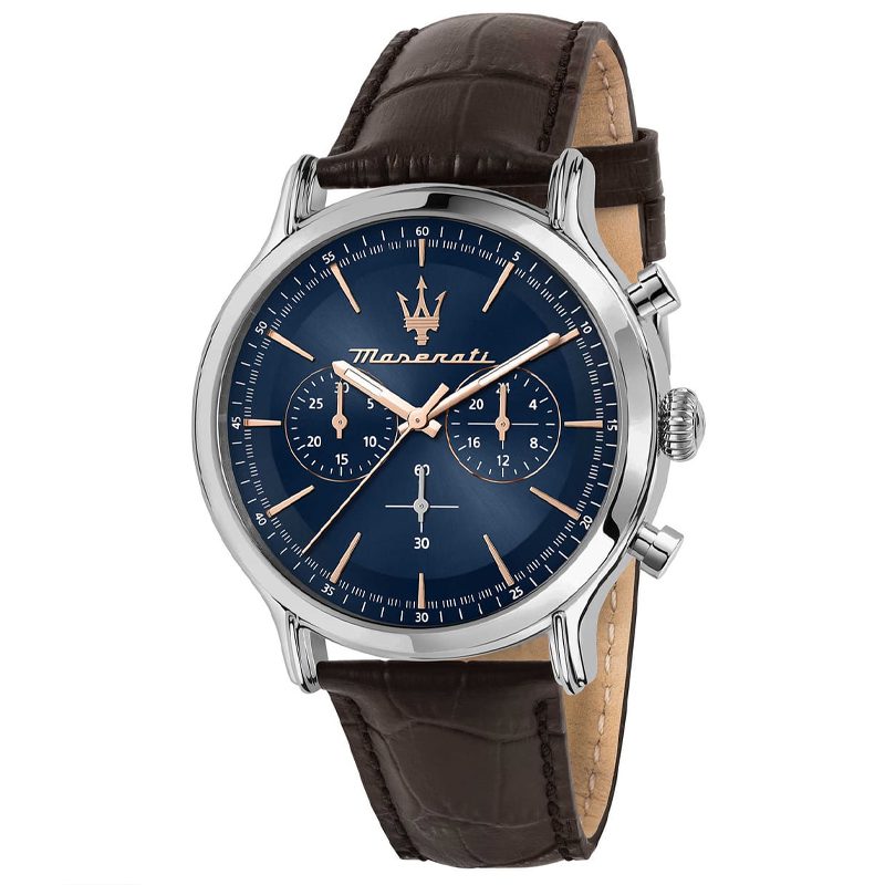 Maserati Epoca 42mm chronograph watch with blue dial and brown leather strap