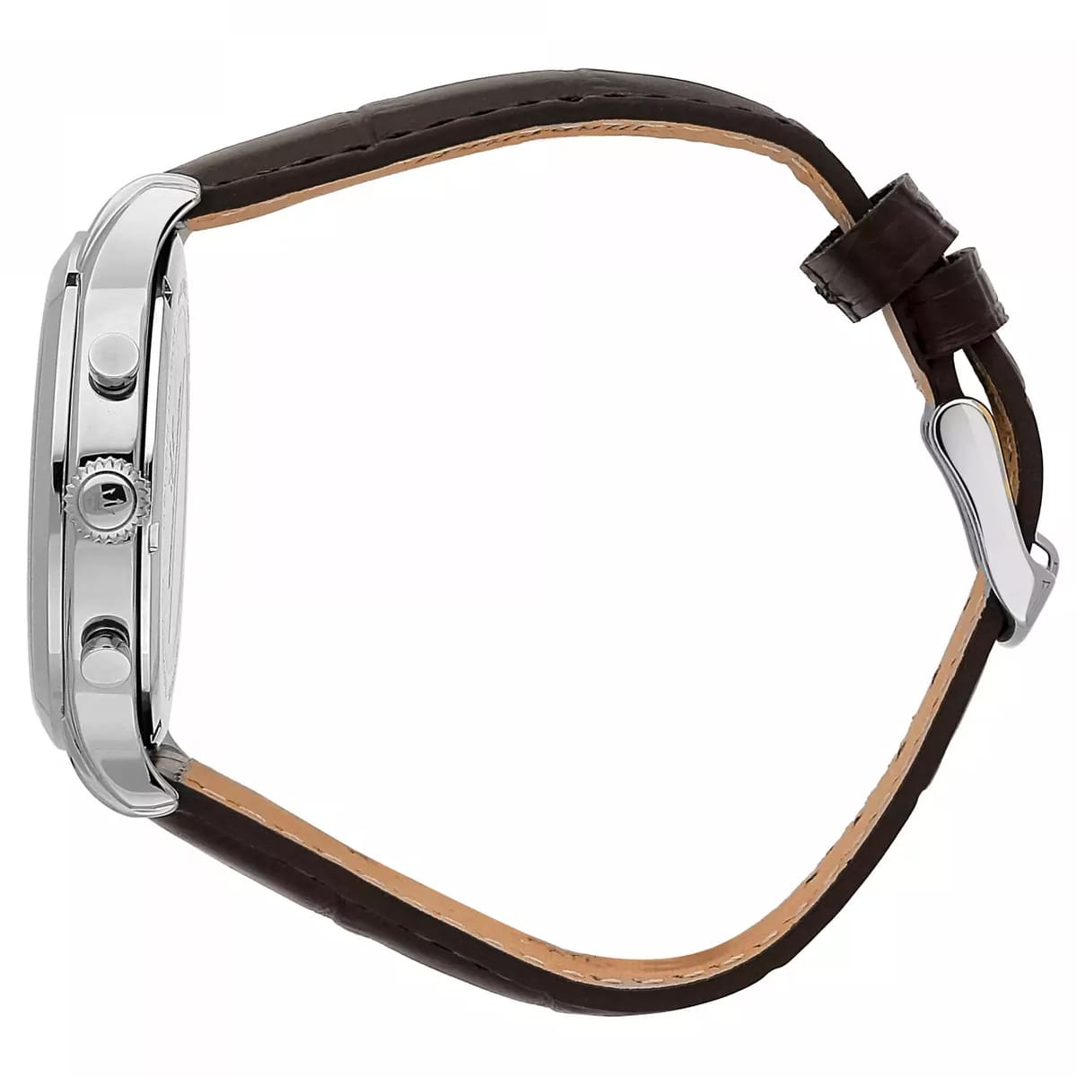 Side view of Maserati Epoca watch showing case thickness and brown leather strap with buckle