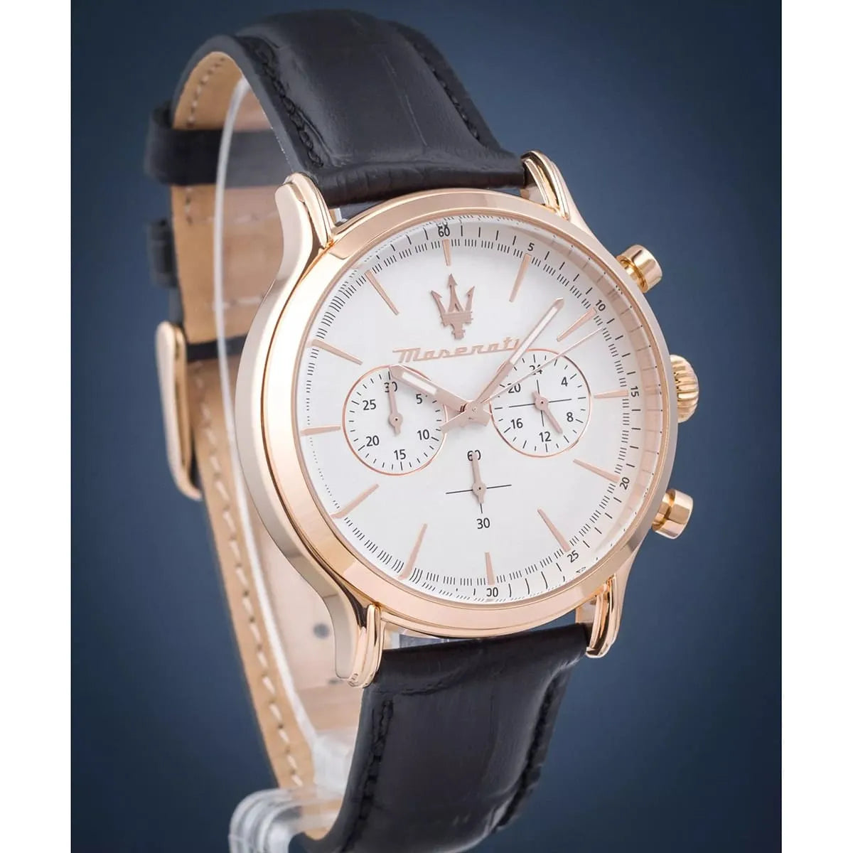 Three-quarter angle view of Maserati Epoca chronograph with rose gold case