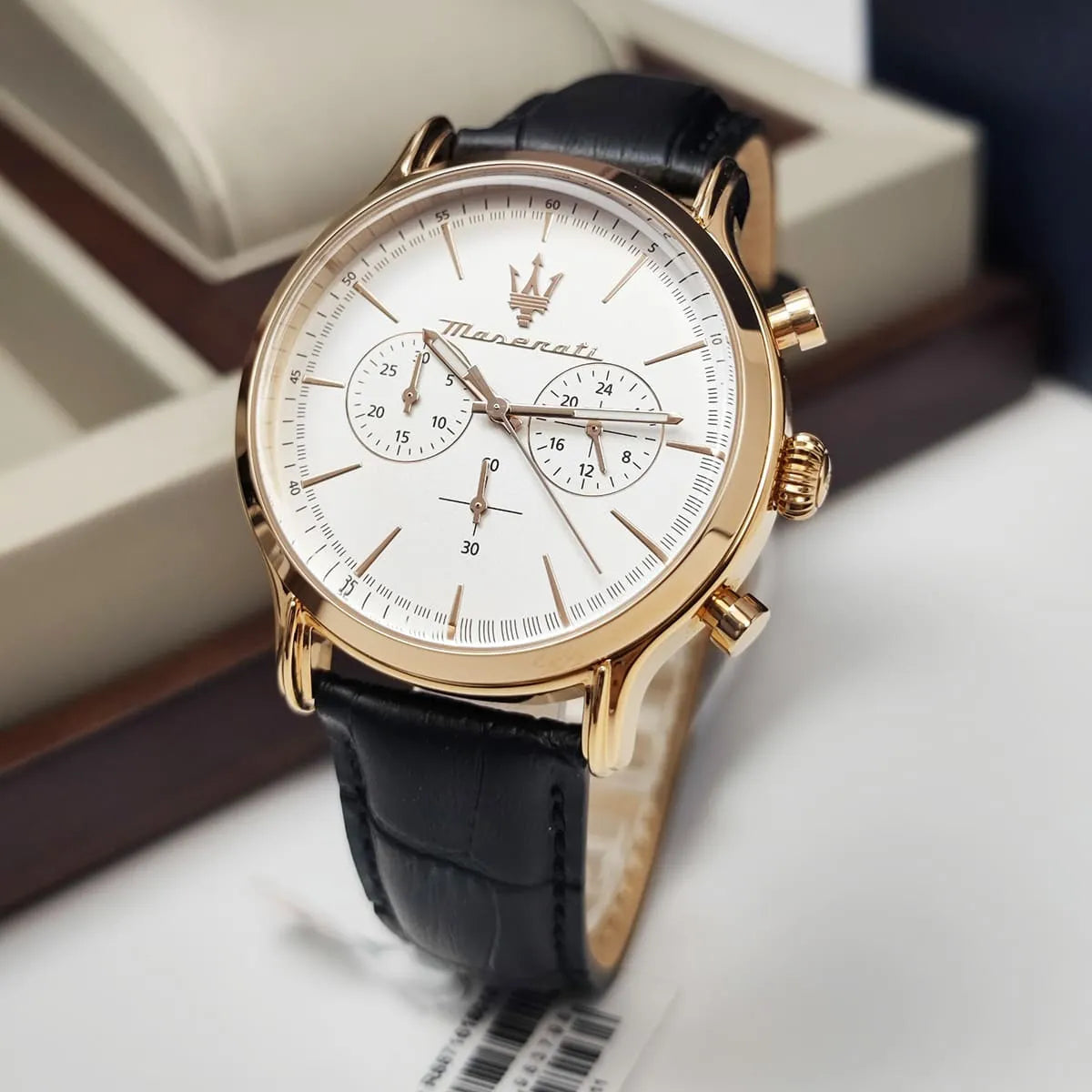 Maserati Epoca chronograph watch angled view on light background