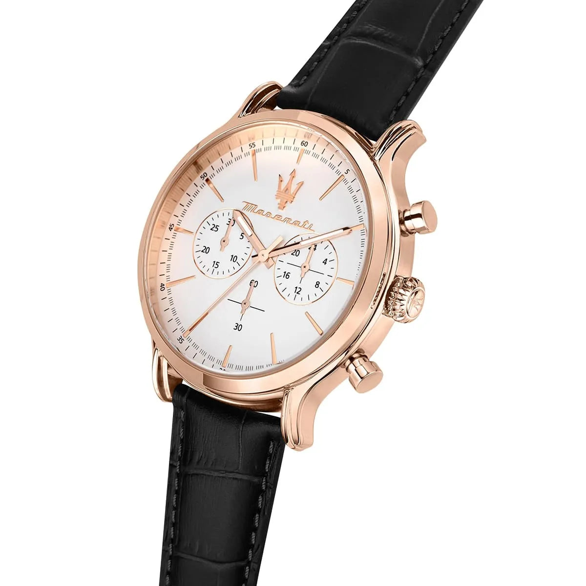 Side angle view of Maserati Epoca chronograph with rose gold case and black leather strap