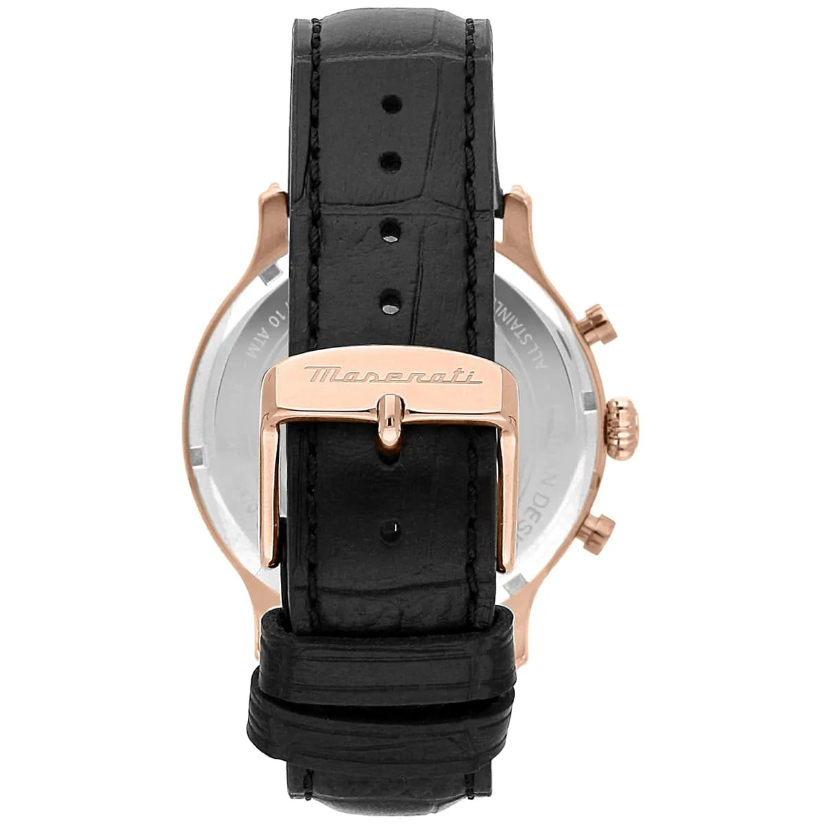 Caseback view of Maserati Epoca chronograph with rose gold case back