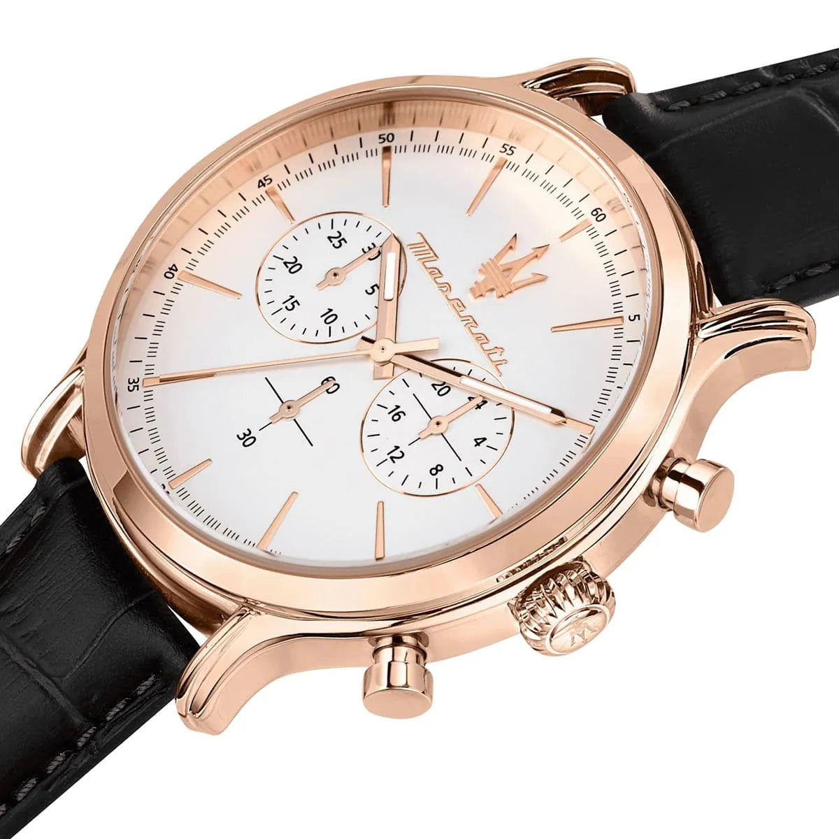 Close-up dial detail of Maserati Epoca chronograph with white dial and subdials