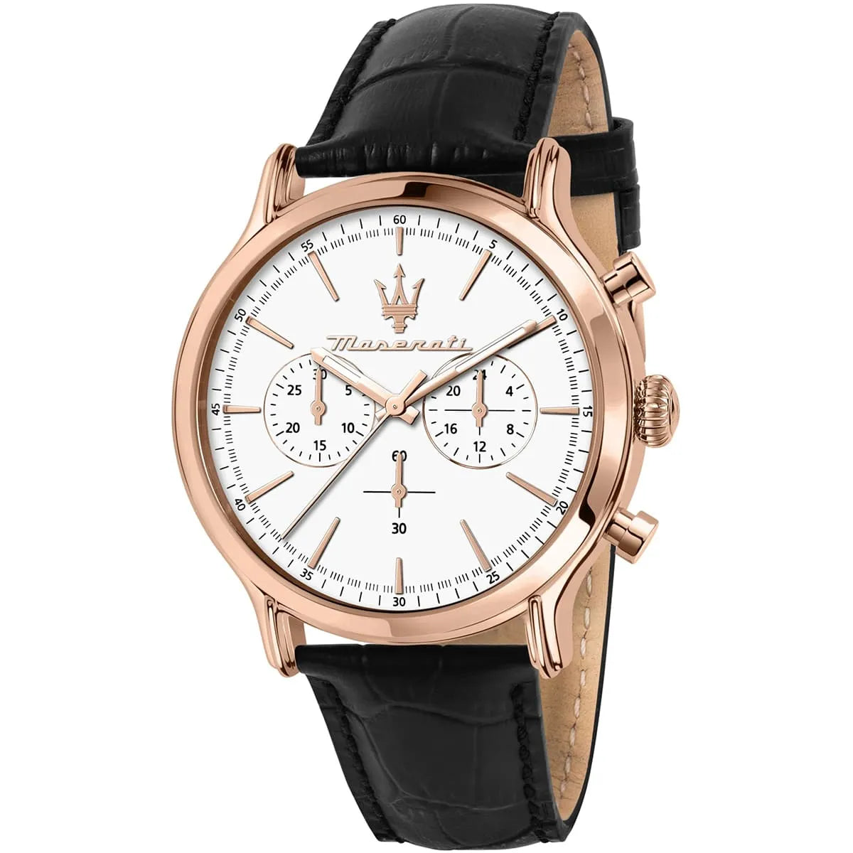 Maserati Epoca men's chronograph watch with black leather strap and white dial