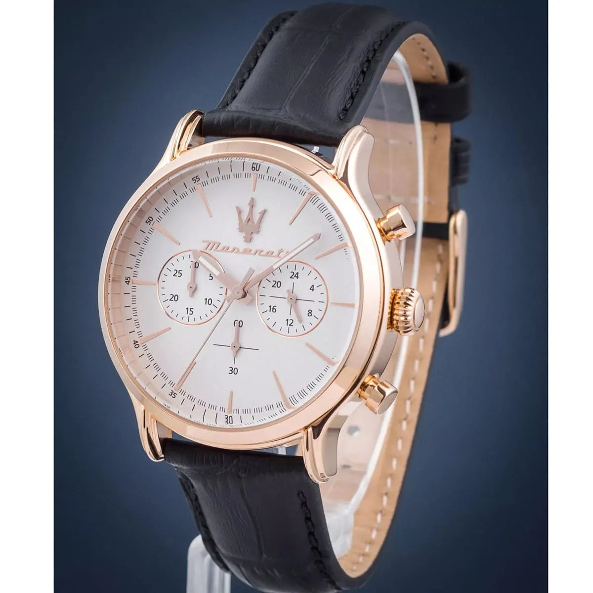Maserati Epoca chronograph watch on wrist with white dial and black leather strap