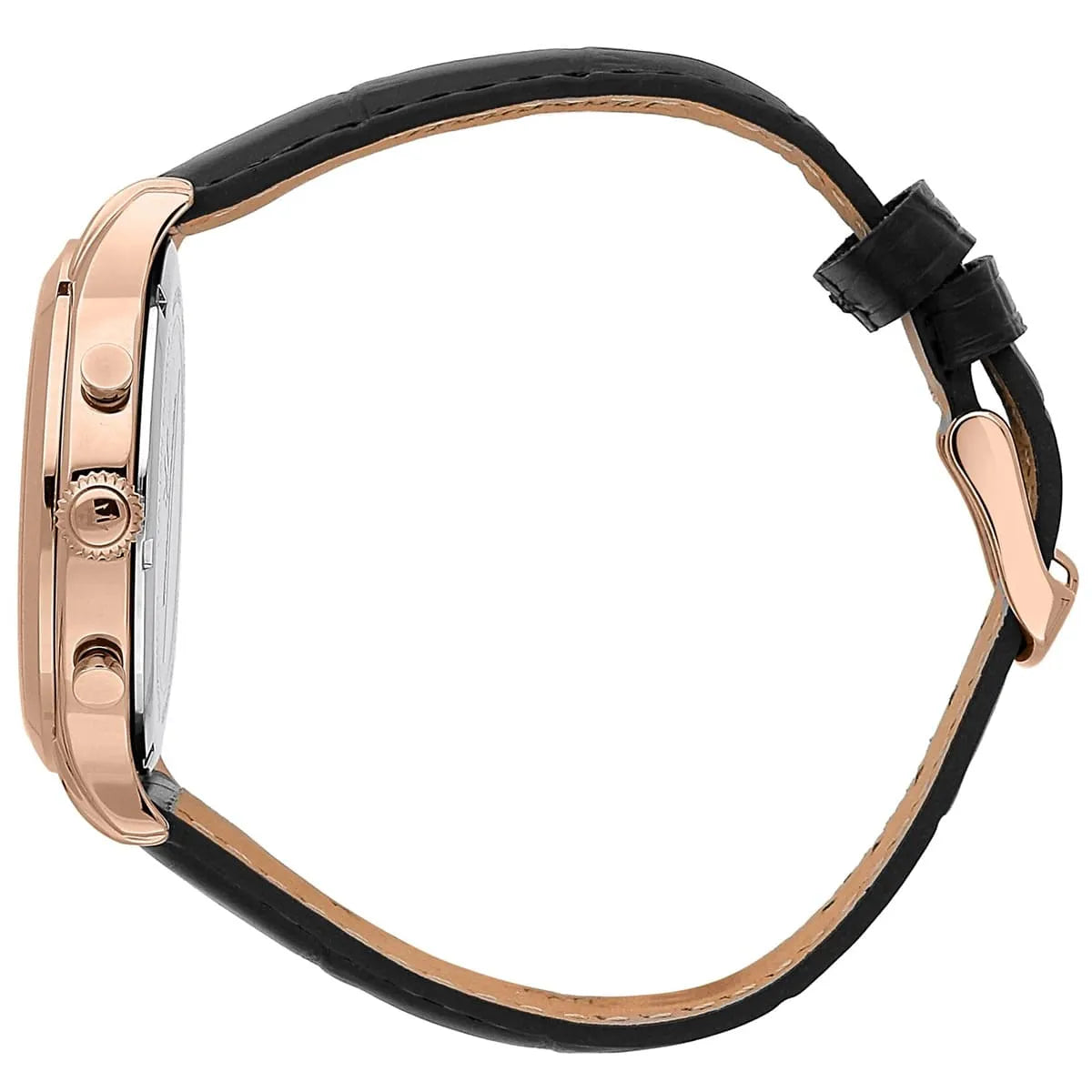 Maserati Epoca watch side profile showing rose gold case and black crocodile leather strap