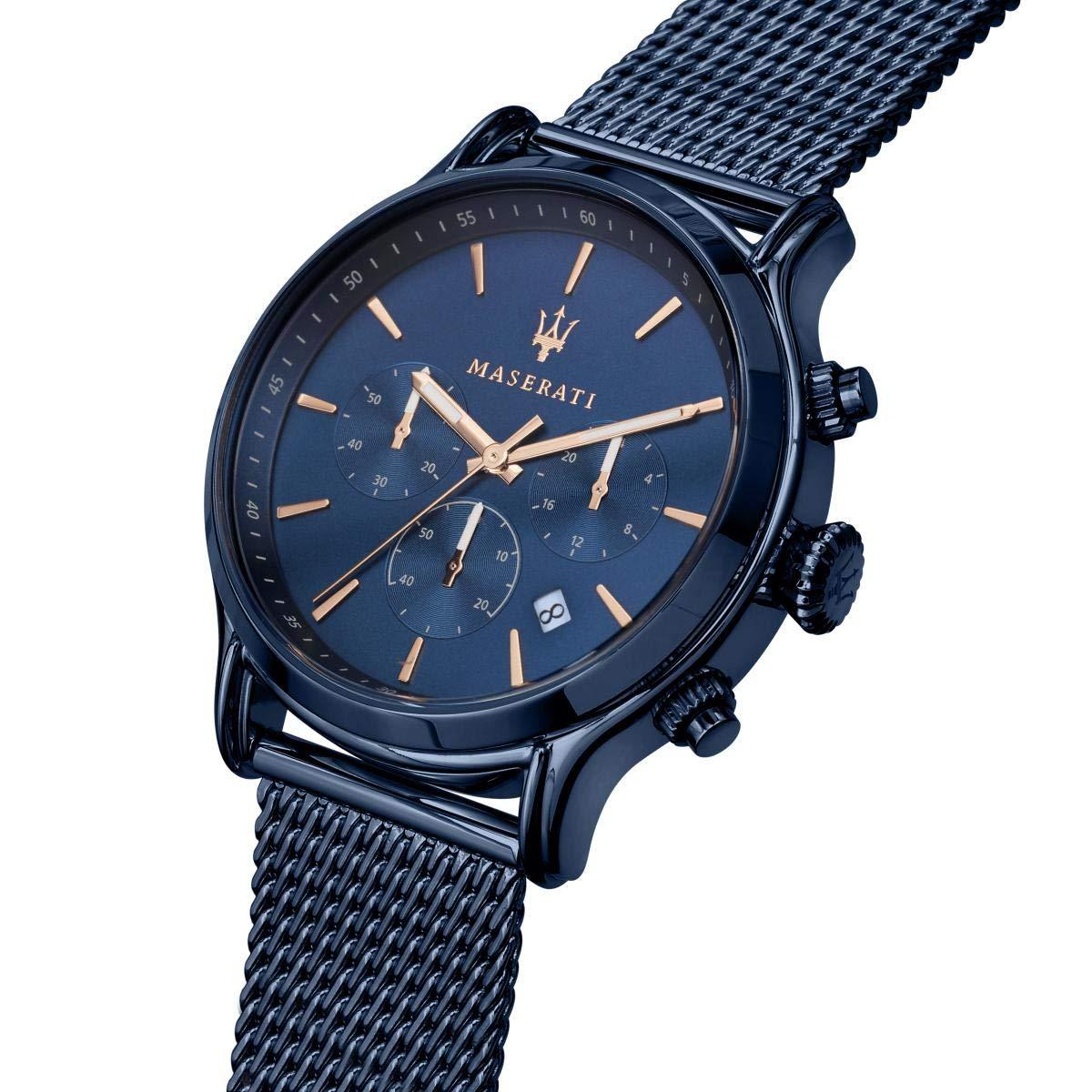 Maserati Epoca chronograph with blue dial and rose gold hands, angled view
