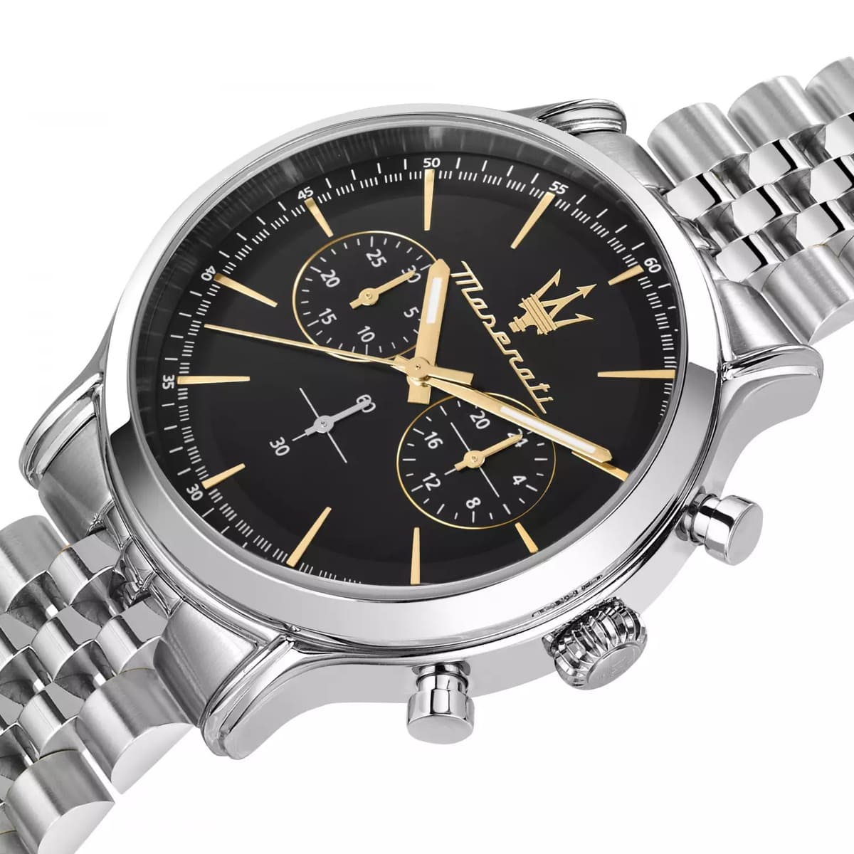 Maserati Epoca chronograph watch at angle displaying black dial with sub-dials and bracelet
