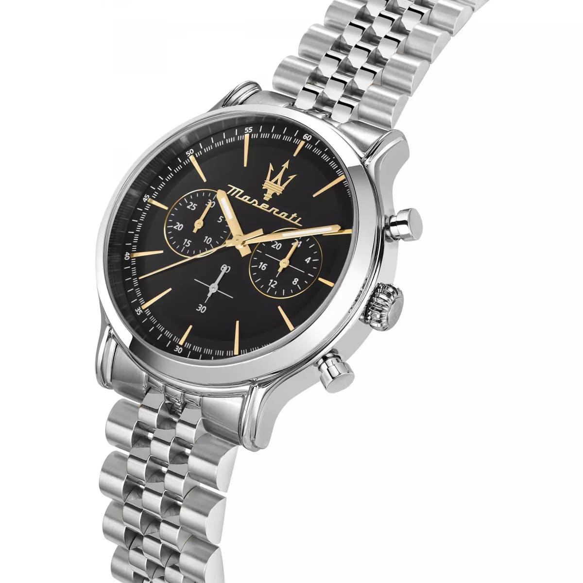 Maserati Epoca chronograph watch angled view showing silver metal bracelet and case
