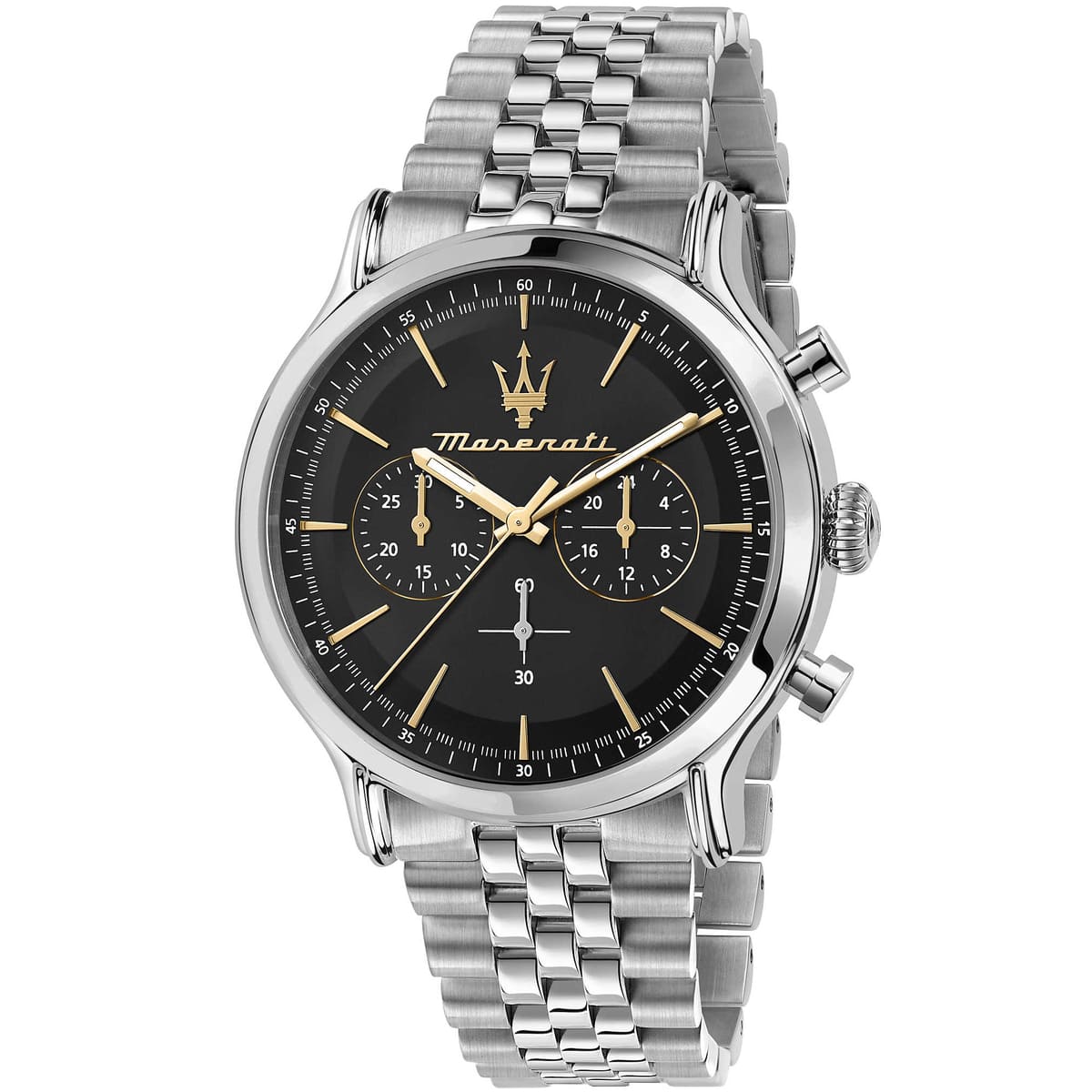 Maserati Epoca chronograph watch black dial with gold indices and Maserati logo