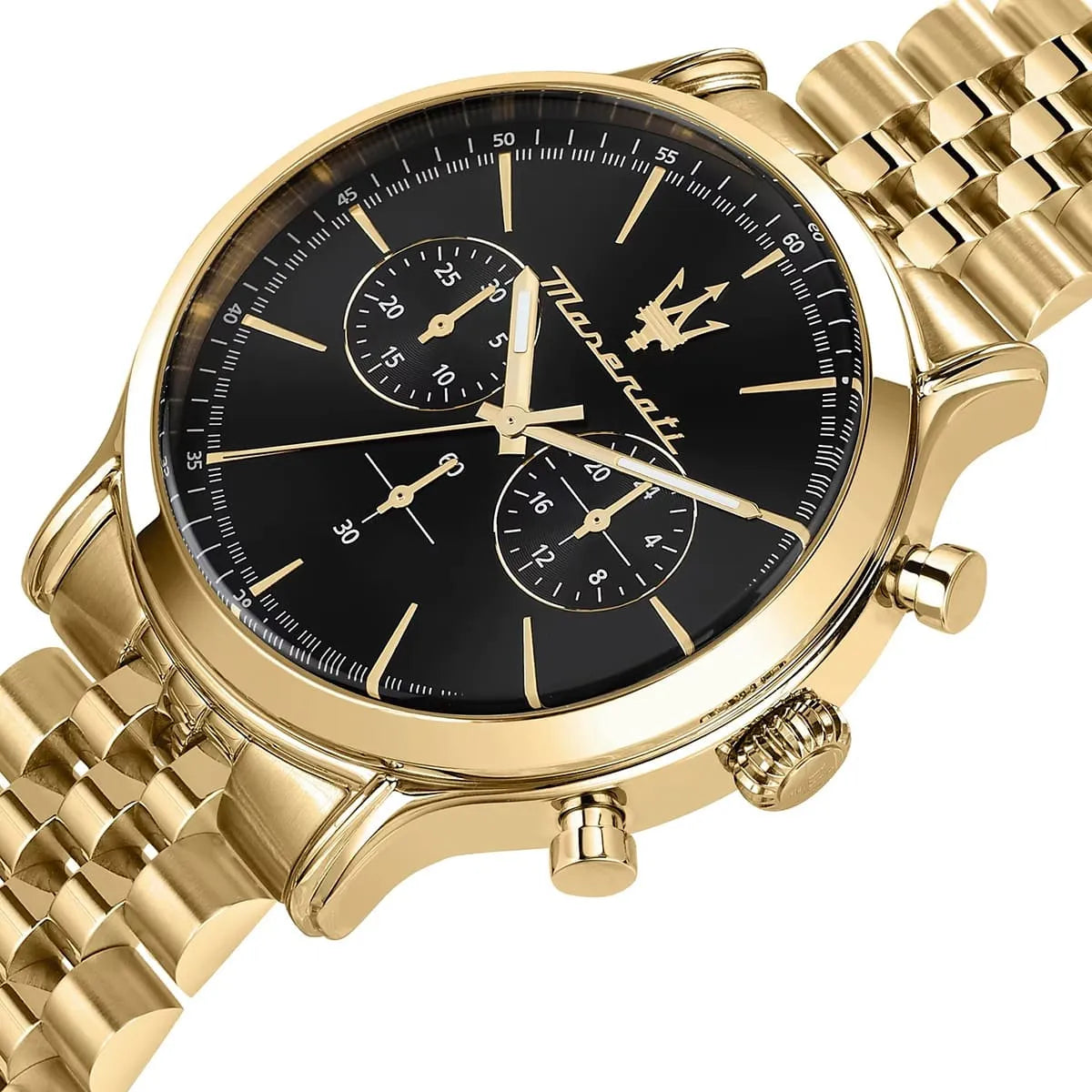 Close-up detail of Maserati Epoca black dial with chronograph subdials
