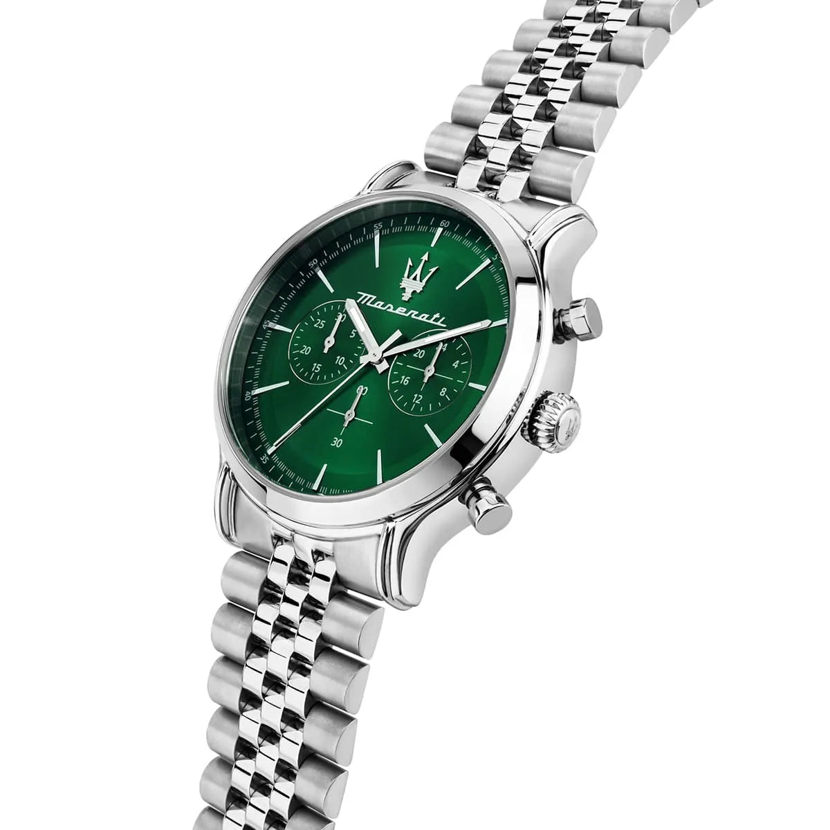 Maserati Epoca chronograph with green sunray dial and stainless steel chain link bracelet