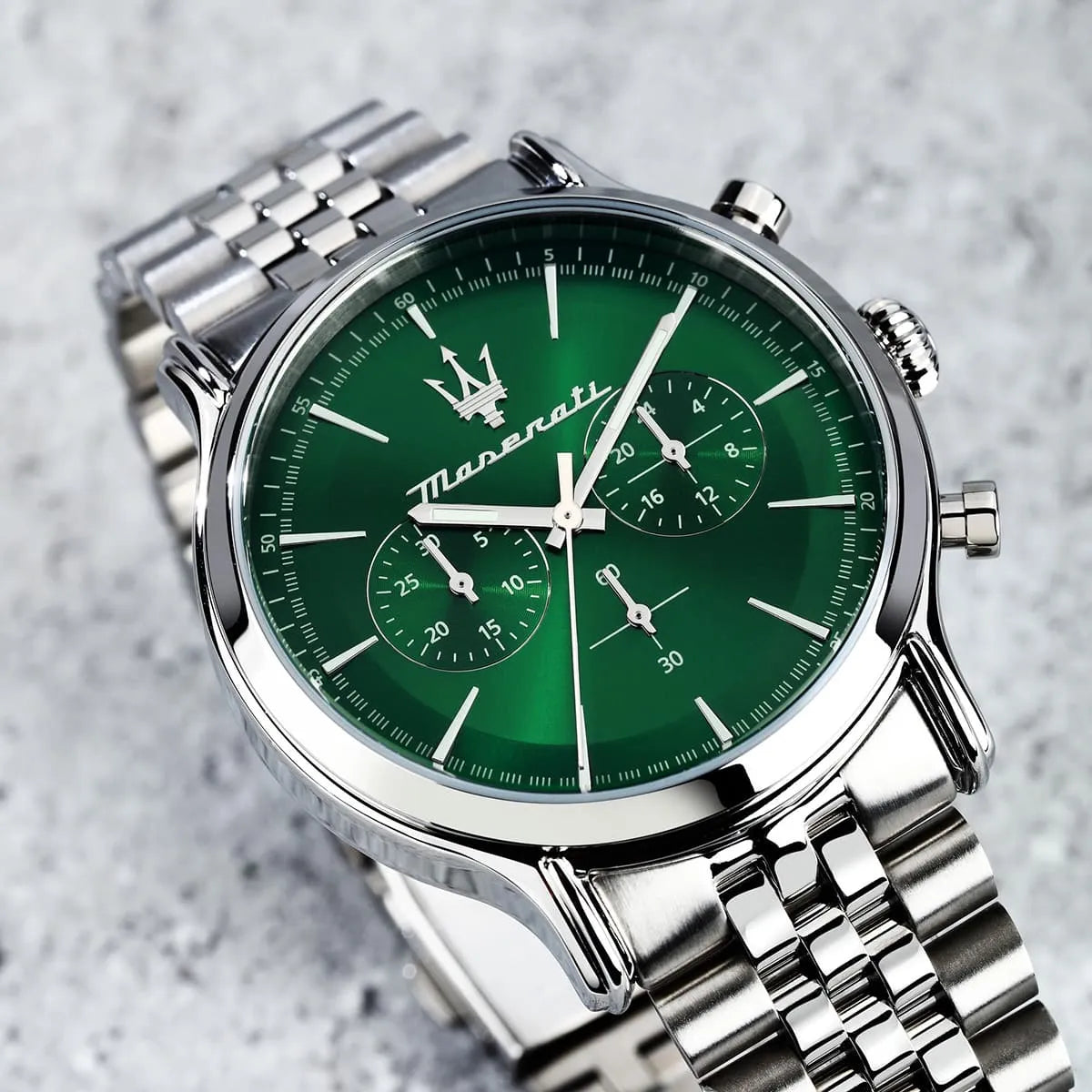 Maserati Epoca dial detail showing chronograph subdials and green sunray finish
