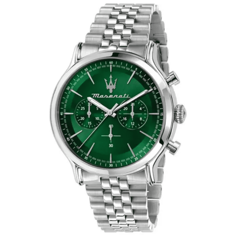 Maserati Epoca chronograph watch with green sunray dial and stainless steel bracelet