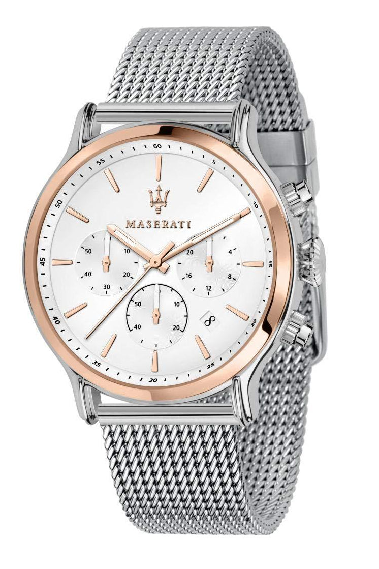 Maserati Epoca rose gold PVD men's chronograph watch with white dial and silver mesh strap