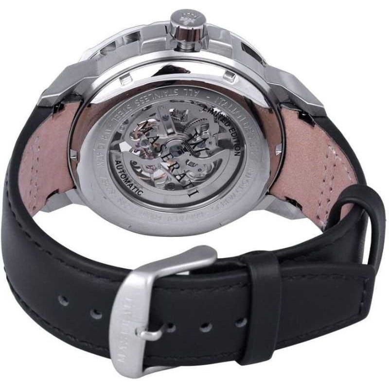 Maserati Ingegno caseback showing exposed automatic movement and skeleton dial