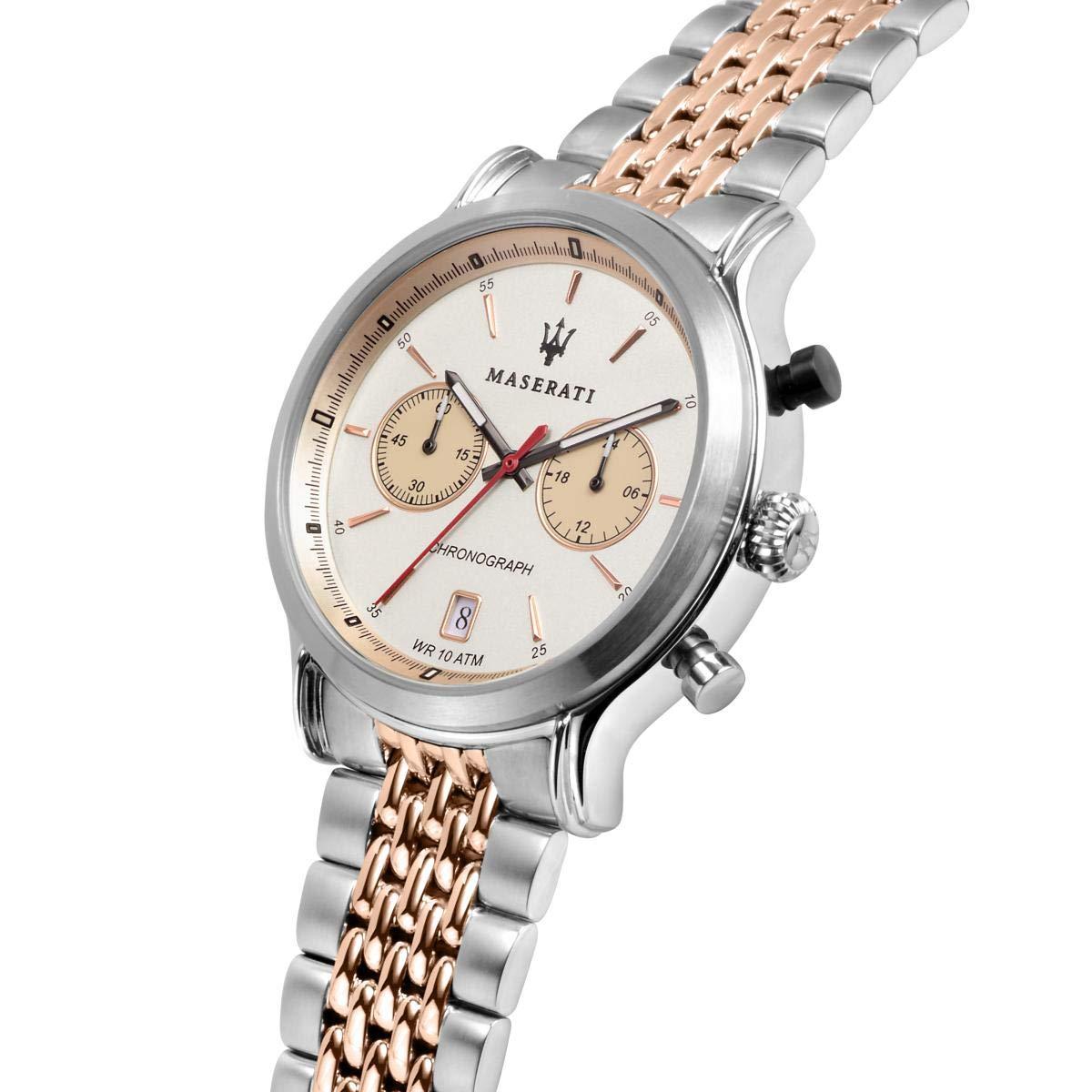 Maserati Legend chronograph watch angled view showing ivory dial and rose gold mixed metal strap