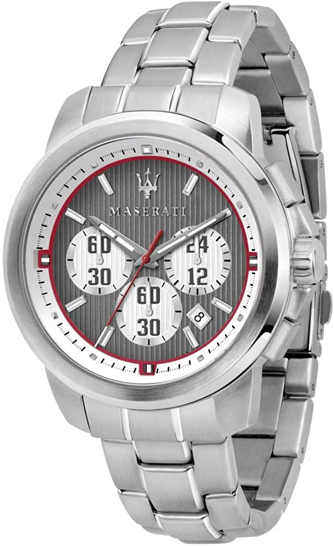 Maserati Polo analog quartz men's watch with gray dial, red subdials and steel bracelet