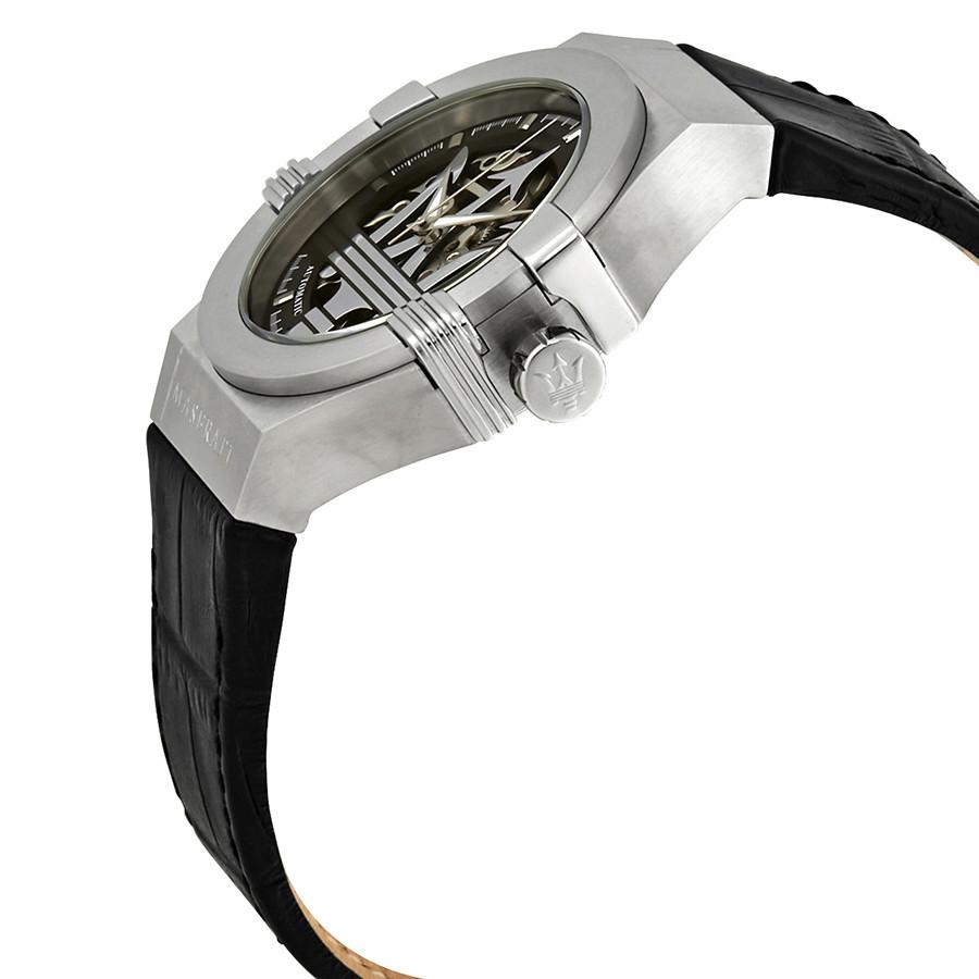 Side angle view of Maserati Potenza watch showing stainless steel case and black leather strap