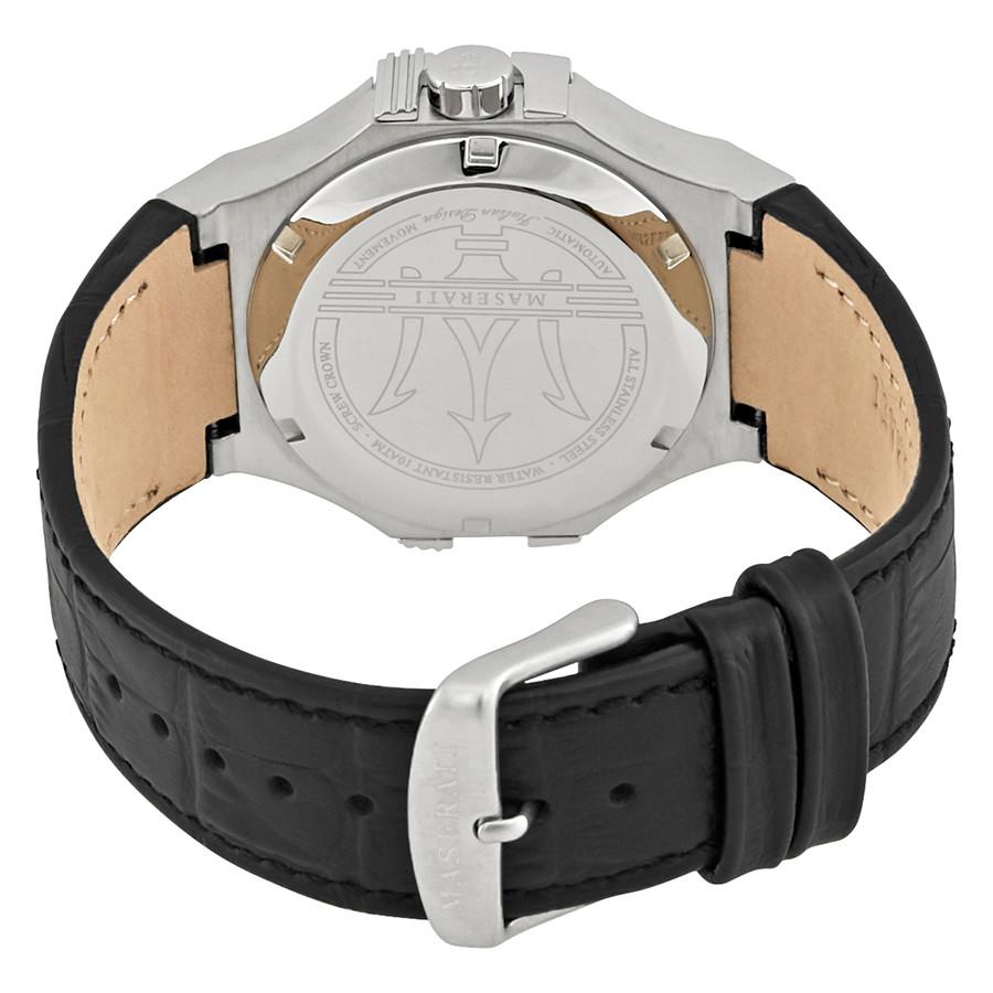 Maserati Potenza caseback showing engraved Maserati logo and leather strap detail