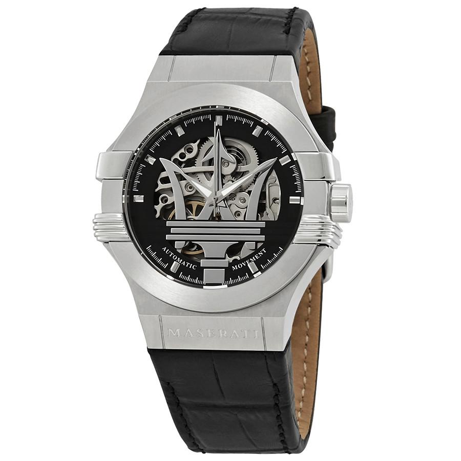 Maserati Potenza automatic men's watch with skeletal black dial and stainless steel case