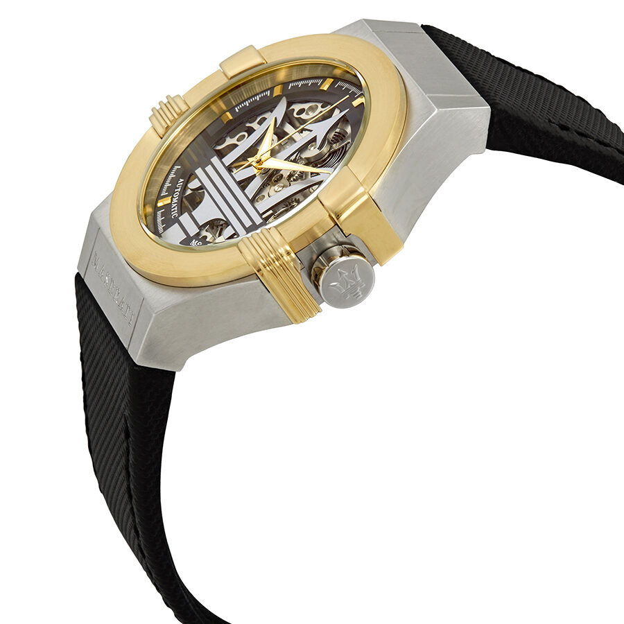 Maserati Potenza watch showing side angle view with two-tone gold and steel case