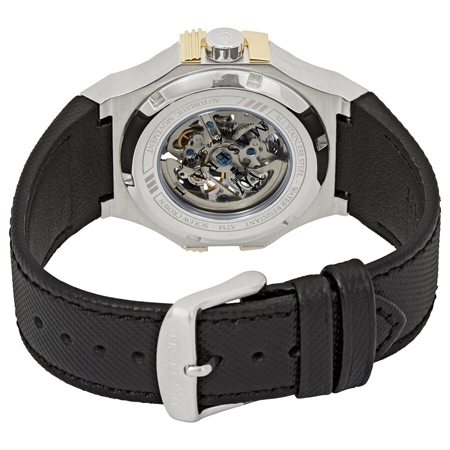 Maserati Potenza watch caseback view showing skeleton dial mechanism with black rubber strap