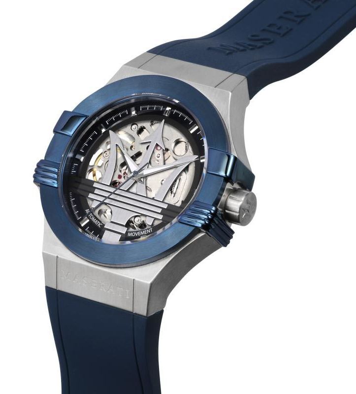Angled view of Maserati Potenza skeleton watch with blue bezel and visible mechanical movement