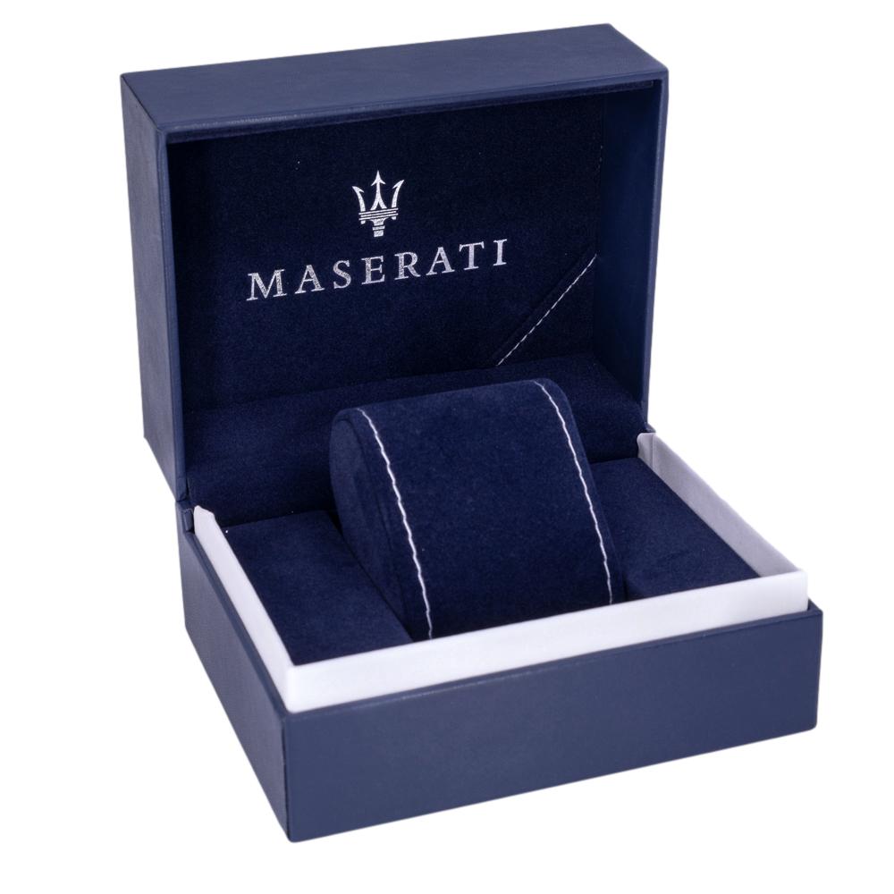 Maserati watch presentation box in blue with trident logo and cushion insert