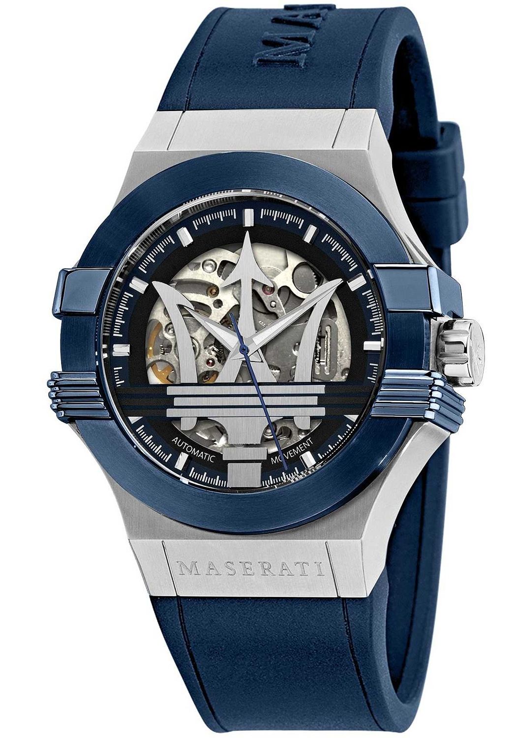 Maserati Potenza automatic watch with skeleton dial showing exposed movement, blue and silver case